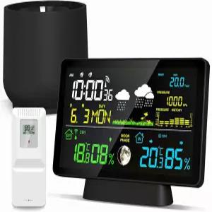 무선 측우기 및 기상 관측소 온도계 습도계 원자 시계 예보 기압계가 있는 디지털 실외 가정 측우기가