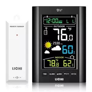 330피트 범위 센서와 조절 가능한 백라이트(블랙)를 갖춘 기상 관측소 무선 실내 실외 온도계 내부 외부