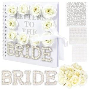 신부에게 보내는 바필 편지 스크랩북 결혼식 추억책 신부 DIY 사진 앨범 빈 방명록 진주 스티커가 있는 인조 장미 메탈릭 편지와 활(8x8인치)