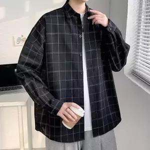 남성 오버핏 블랙 체크셔츠 남자 가을 긴팔 남방 (WFKBJNG)