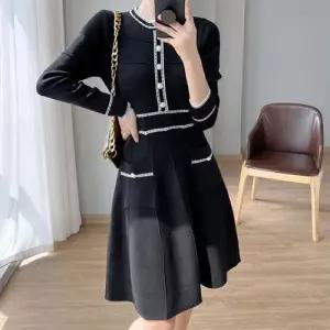 배색라인 진주버튼 니트 원피스 와플패턴 A라인스커트 WAF2665