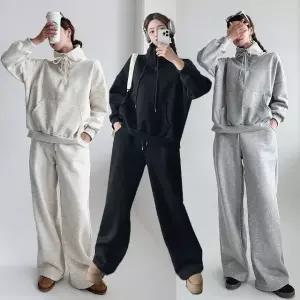 여성 겨울 기모 면 무지 맨투맨 와이드팬츠 트레이닝 세트 PST0458S 빅사이즈 루즈핏