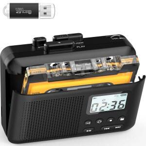 휴대용 카세트 플레이어, SD 카드를 통해 MP3로 카세트, 1000마하 충전식 배터리가 장착된 워크맨 카세트 테이프 플레이어, 마이크 및 스피커 내장, 헤드폰 잭, 16GB SD 카드(블랙)