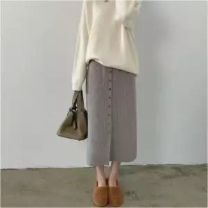 골지 니트 롱스커트 앞단추 H라인 페미닌 치마 3컬러 (WFKBSNK)