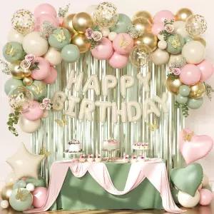 핑크와 세이지 그린 생일 장식 핑크 샌드 화이트 메탈릭 금박 색종이 풍선 축하 배너 골드 버터플라이