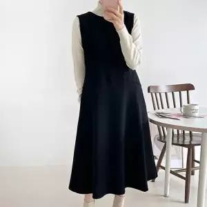 [옷자락]여자 겨울하객룩 플레어 절개 민소매 기모 롱원피스