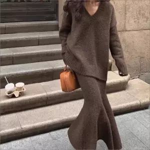 여성 v넥 니트 루즈핏 플레어 스커트 투피스 겨울 3색