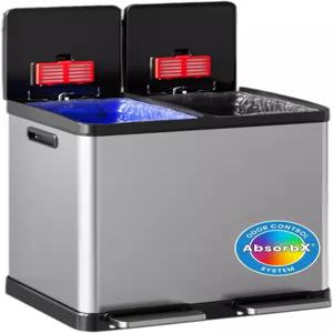 iTouchless 60리터 16갤런 이중 수납 주방 쓰레기통 및 재활용 냄새 필터 부드러운 닫힘 핸즈프리 스텝