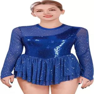 여성용 ODASDO 피겨 스케이팅 드레스 메쉬 긴 소매 반짝이는 시퀀 라인스톤 스커트 레오타드 체육관 발레