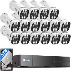 Hiseeu 16CH 3K 유선 카메라 시스템 스마트 듀얼 라이트 오디오 차량 /사람 감지 기능 5MP DVR 16PCS IP67
