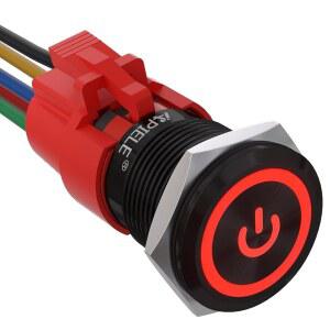[미국배송] APIELE 19MM 래칭 푸시 버튼 스위치 3/4인치 12V DC 블랙 쉘 전원 심볼 LED(소켓 플러그 1NO1NC SPDT ON/OFF)(빨간색/검은색 쉘)