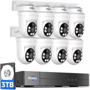 Hiseeu 3K PTZ 유선 카메라 시스템 실외 컬러 나이트 비전 오디오 5MP IP67 CCTV 8대 DVR 8CH 360°