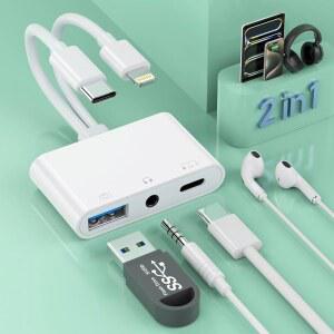 [미국배송] 2IN3 라이트닝 + USB C에서 3.5MM AUX 오디오 헤드폰 스플리터 어댑터 케이블 OTG 카메라 잭 TYPEC 이어폰 / 충전 포트 아이폰호환 15 14 13 삼성호환 아이패드호환 화웨이용