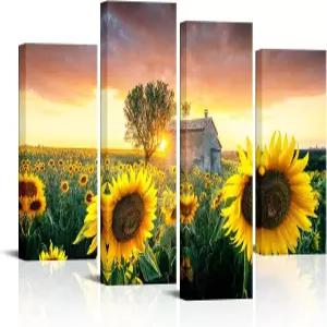 비오테왈 해바라기 캔버스 월 아트 데코 4피스 일몰 풍경화 프린트 옐로우 플라워 액자 그림 식물 필드