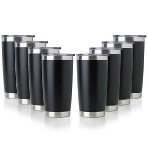 뚜껑이 있는 돔케어 20온스 스테인리스 텀블러 벌크, 이중 벽 진공 블랙, 파우더 8팩 여행용 머그컵, 파우더 컵, 커피 단열 코팅
