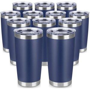 VQRRCKI 20온스 텀블러 뚜껑이 있는 스테인리스 스틸 텀블러 벌크, 뜨거운 메탈(네이비 이중 컵 벽 텀블러 및 커피 차가운 12팩) 파우더 코팅 커피 머그 음료 음료용 블루, 여행용 텀블러 단열