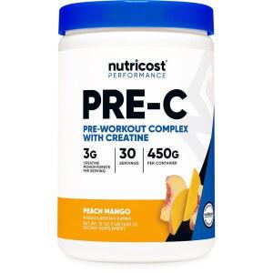 크리에이틴(피치 망고 | 30인분) 파우더가 함유된 뉴트리코스트 프리-C 운동 콤플렉스 - 부스트 핀트니스 루틴, 450g