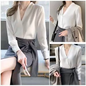 심플 브이넥 긴팔 기질 시폰 블라우스가을 신상 예쁜 실크 오피스룩 쉬폰 여름