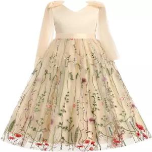 IBTOM Castle 플라워 걸 드레스 새틴 플로럴 자수 툴롱 롱 주니어 신부 들러리 결혼식 생일 공식 볼