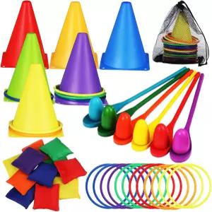 리비마 43개 카니발 게임 콤보 세트 스푼 릴레이 플라스틱 콘 빈백 링 토스 파티 용품 남아 여아 성인 가족