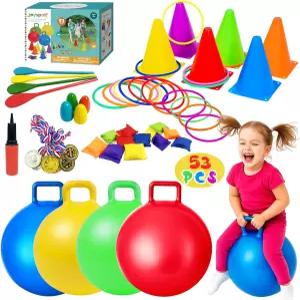 용 53PCS 카니발 야외 게임 콤보 세트 손잡이가 달린 18인치 호퍼볼 링 토스 빈백 달걀 스푼 릴레이 레이스