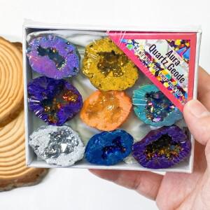 1세트 오라 쿼츠 Geoda 원석 상자 과학 대중화 교육 광물 표본 수집 가정 장식