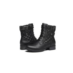 데카즈 여성 패션 블랙 앵클 부츠 컴뱃 모터사이클 레이스업