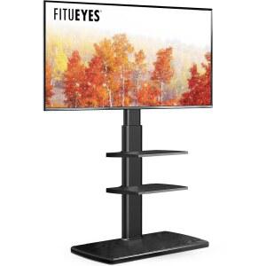 거실 침실용 FITUEYES TV 바닥 스탠드, 튼튼한 나무 받침대가 있는 톨 스탠드 32 39 40 43 49 50 55 60 65 70 인치 TV, 높이 조절 가능한 선반이 코너 스위블 블랙
