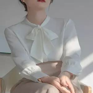 [하프클럽/]여자 봄 가을 리본 스카프 새틴 블라우스 긴팔 오피스
