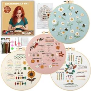 JOINRUN 4팩 초보자를 위한 자수 키트 미리 스탬프 패턴으로 스티치 배우기 단계별 가이드 및 동영상