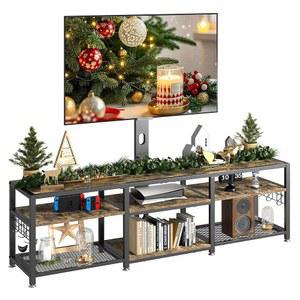 마운트 및 전원 콘센트가 있는 VECELO 63인치 TV 스탠드, 개방형 수납 선반이 엔터테인먼트 센터 콘솔, 높이 조절 가능한 최대 75 u201D 마운트, 거실용 나무 테이블 금속 프레임, 러스틱 브라운