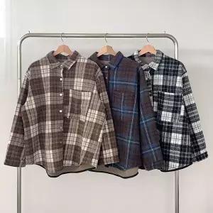 [하프클럽/]여성 빅 아방핏 양털 안감 언발란스 힙커버 체크 셔츠