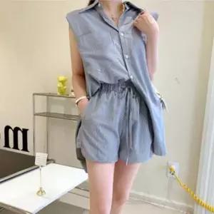 여성 줄무늬 스트라이프 슬리브리스 셔츠 반바지 세트