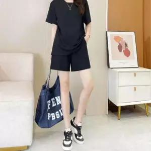 여자 베이지 여름 무지 반팔반바지 홈웨어 추리닝세트 WF0DB5C