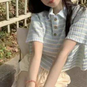 레이디스 줄무늬 트렌디 세미핏 세미크롭 칼라 숏티 티탑 스트라이프숏슬리브