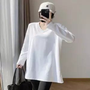 스트라이프티셔츠 브이넥 디자인 힙을덮는 루즈핏 캐주얼 기모 롱티셔츠