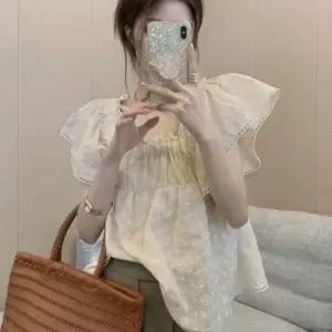 라이트룩 레이디스 쿨시즌 귀여운  구멍무늬 숏슬리브 셔츠 티 카라셔츠 박스티