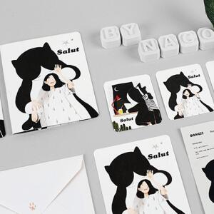 소녀 와 고양이 그림 카드 이쁜 엽서 기념일 축하 레터 포스트카드 봉투 세트