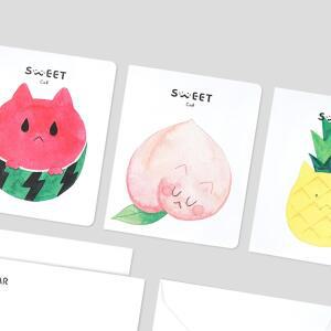 과일 고양이 카드 ?서 예쁜캣 초대장 축하 감사 인사말 레터 봉투 카드 세트