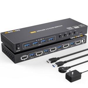 KVM 스위치 HDMI 4K@60Hz, 4대의 컴퓨터용 시뮬레이션 EDID, 유선 리모컨 및 USB 케이블, 전원 어댑터 포함된 모니터 1대와 3.0 장치 4대 공유