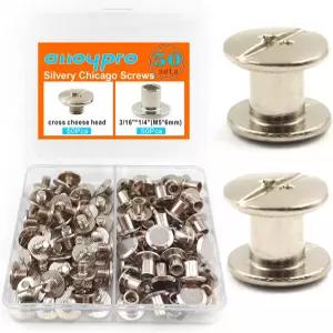 ALOLYPRO 50 세트 실버 시카고 바인딩 나사 모듬 키트 네일 리벳 버튼 DIY 가죽 장식 북바인딩 원형 플랫