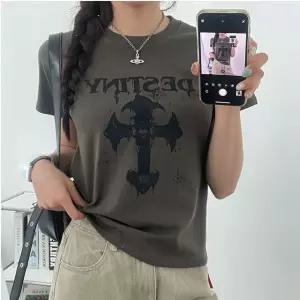 빈티지 유니크 y2k 프린팅 레터링 루즈핏 세미크롭 여름 반팔 반소매티셔츠 3color