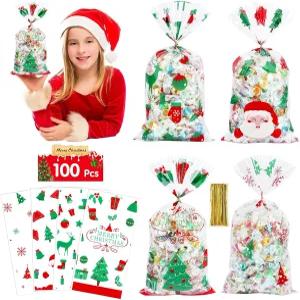 Konsait 크리스마스 셀로판 백 100개의 투명 캔디 쿠키 간식 트위스트 타이 베이커리 비스킷 초콜릿 스낵