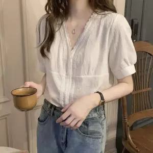 화이트 브이넥 레이스 면 반팔 블라우스 여름 시원한