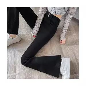 여성용 배기핏 청바지 블랙 진 가을 겨울 기모 더블 하이웨스트 스판 바지 KS4