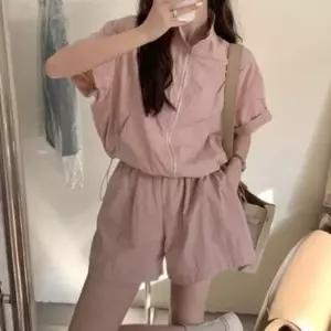 [다잇템] 여성 하프팬츠 집업 통기성 폴리 빅사이즈 바람막이 반소매 세트