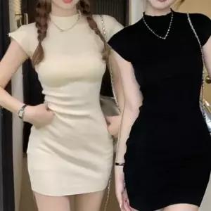 쉬폰원피스 여성 데이트룩 하이넥 캡소매 슬림핏 세련 미니원피스