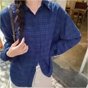 잔체크 긴팔 네이비 클래식 여자셔츠 간절기 루즈핏 남방