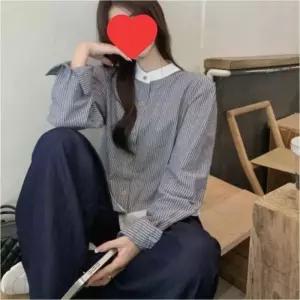 여자 배색 스트라이프 차이나넥 클래식 블라우스 셔츠