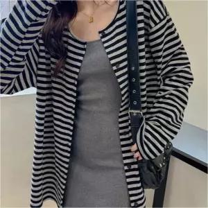 여자 스트라이프 간절기 단가라 단추가디건 아우터 티셔츠